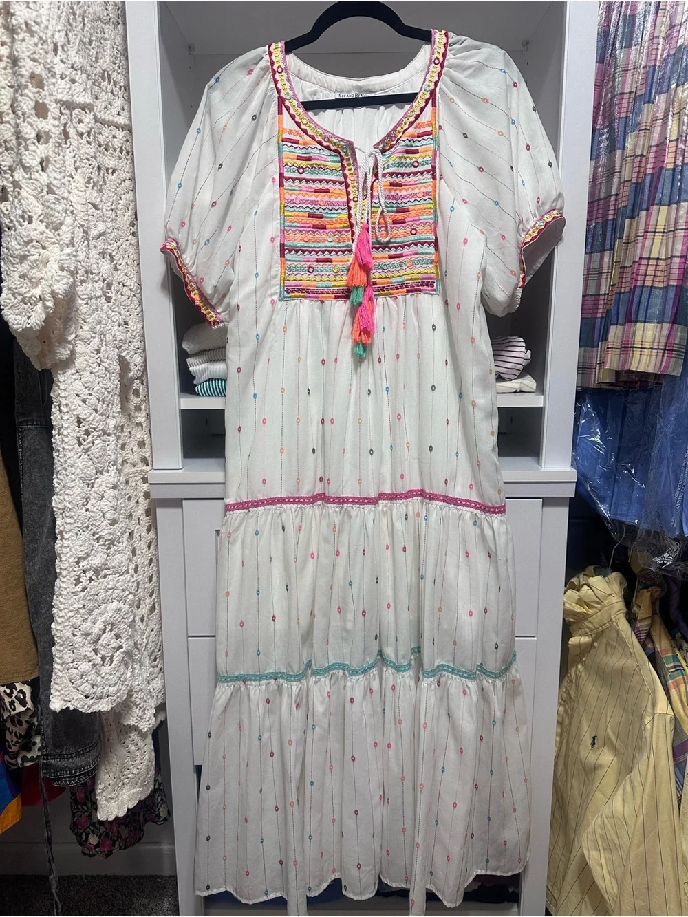 White Boho Embroidered Maxi Dress with Multicolor Trim - Picture 1 of 6
